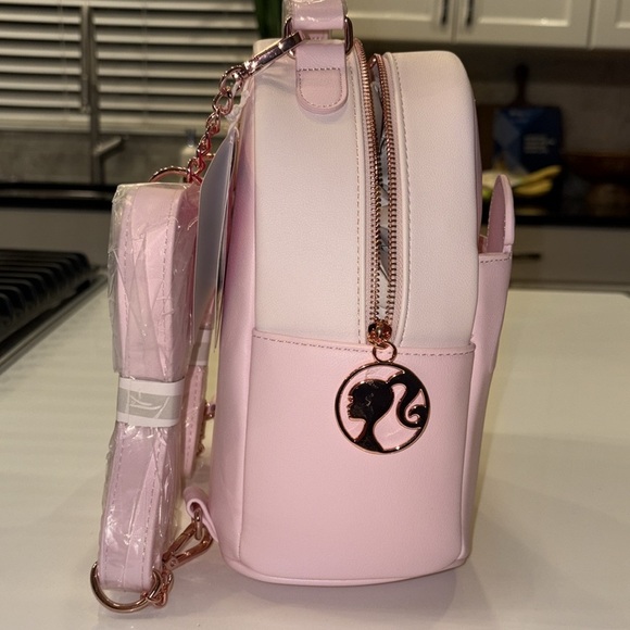 LOUNGEFLY Barbie Rose Gold Logo Chain Strap Convertible Mini Backpack, NWT. - Picture 3 of 5